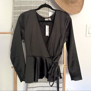 Satin Black Tie Long Sleeve Blouse